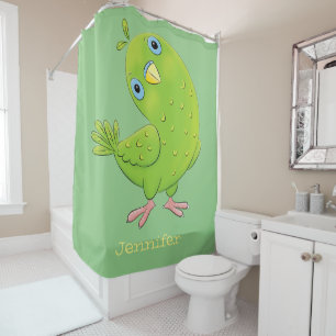 Cute green curious paraket cartoon douchegordijn