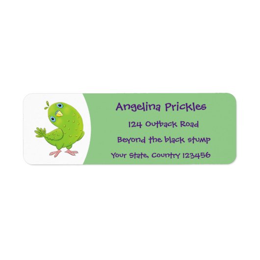Cute green curious paraket cartoon etiket (Voorkant)