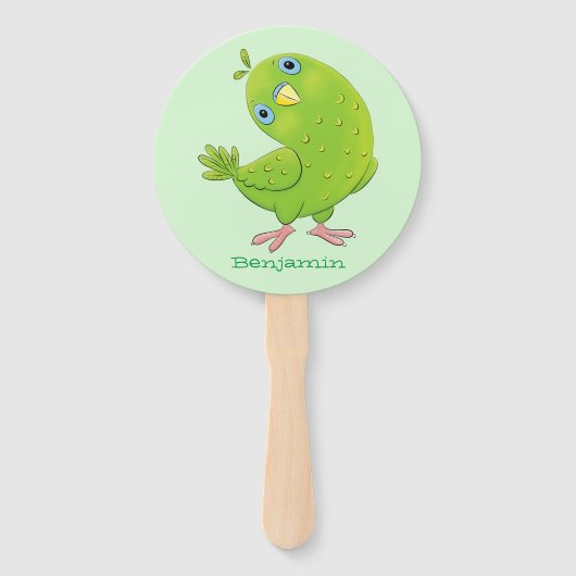 Cute green curious paraket cartoon handwaaier (Voorkant)