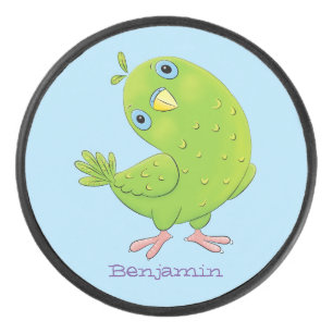 Cute green curious paraket cartoon hockey puck
