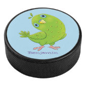 Cute green curious paraket cartoon hockey puck (3/4)