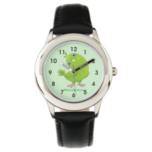 Cute green curious paraket cartoon horloge
