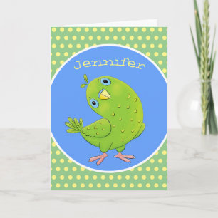 Cute green curious paraket cartoon kaart