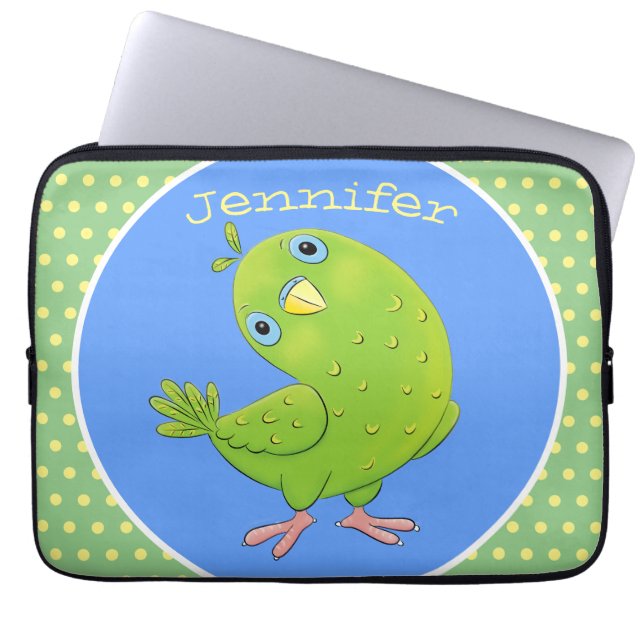 Cute green curious paraket cartoon laptop sleeve (Voorkant)