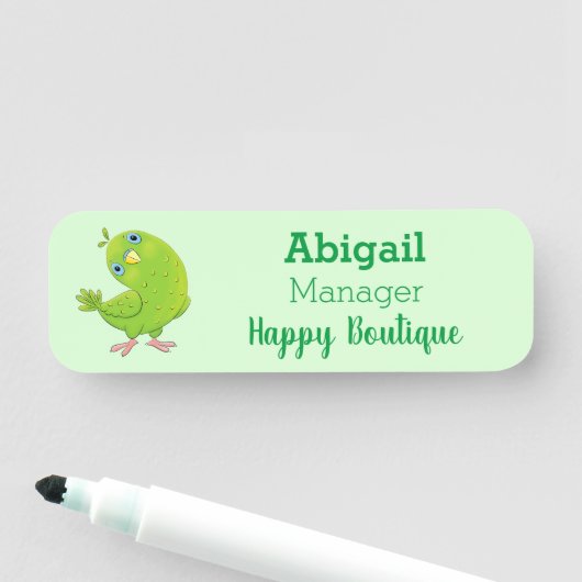 Cute green curious paraket cartoon naamplaatje (In situ)
