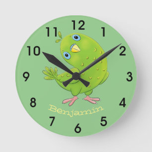 Cute green curious paraket cartoon ronde klok