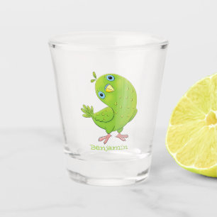 Cute green curious paraket cartoon shot glas