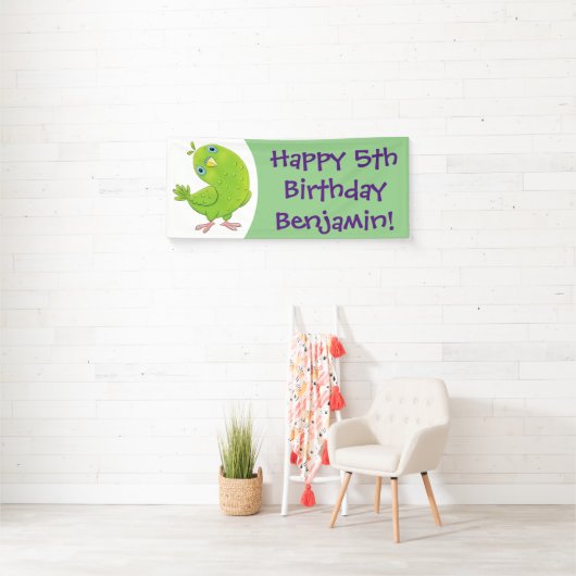 Cute green curious paraket cartoon spandoek (Insitu)