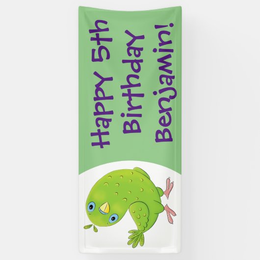 Cute green curious paraket cartoon spandoek (Verticaal)