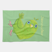 Cute green curious paraket cartoon theedoek (Horizontaal)