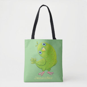 Cute green curious paraket cartoon tote bag