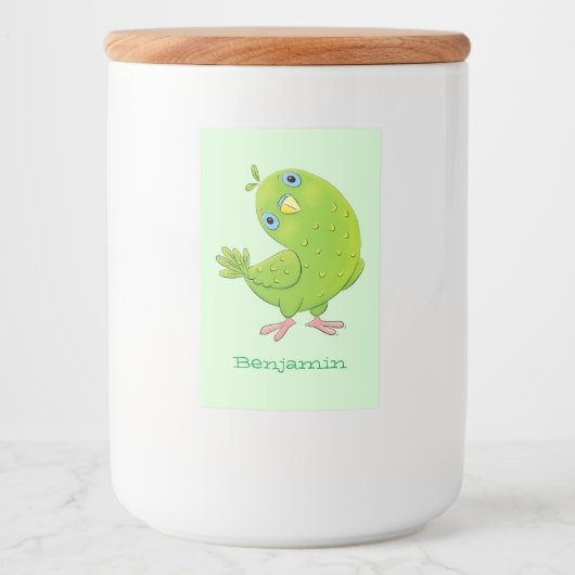 Cute green curious paraket cartoon voedselcontainer etiket (Voorkant)
