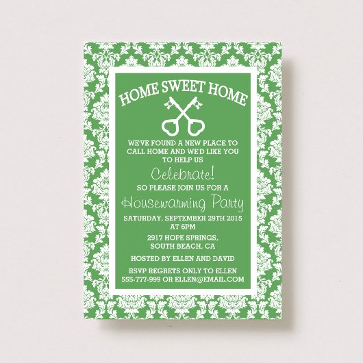 Cute Green Damask Home Sweet Home Houwarming Kaart
