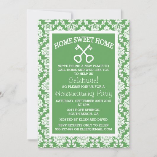 Cute Green Damask Home Sweet Home Houwarming Kaart (Voorkant)