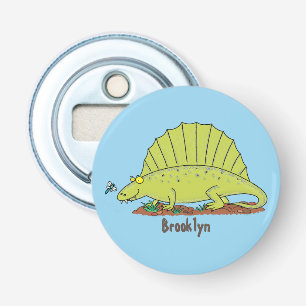 Cute green dimetrodon cartoon illustration button flesopener