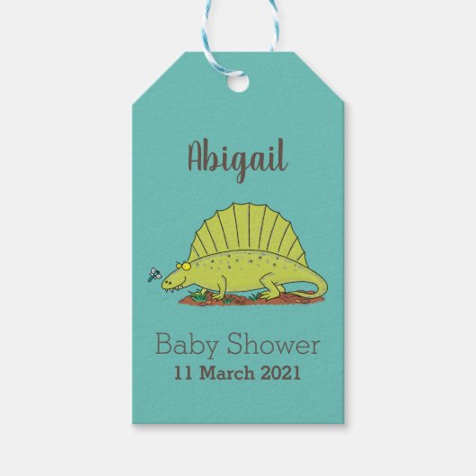 Cute green dimetrodon cartoon illustration cadeaulabel (Voorkant)