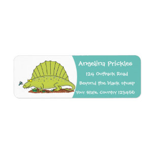 Cute green dimetrodon cartoon illustration etiket