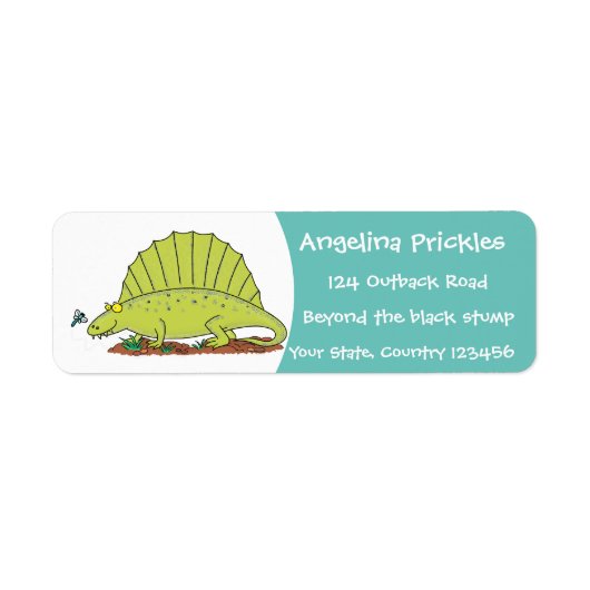 Cute green dimetrodon cartoon illustration etiket (Voorkant)