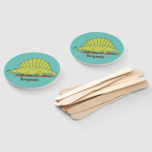 Cute green dimetrodon cartoon illustration handwaaier (Niet-gemonteerd)