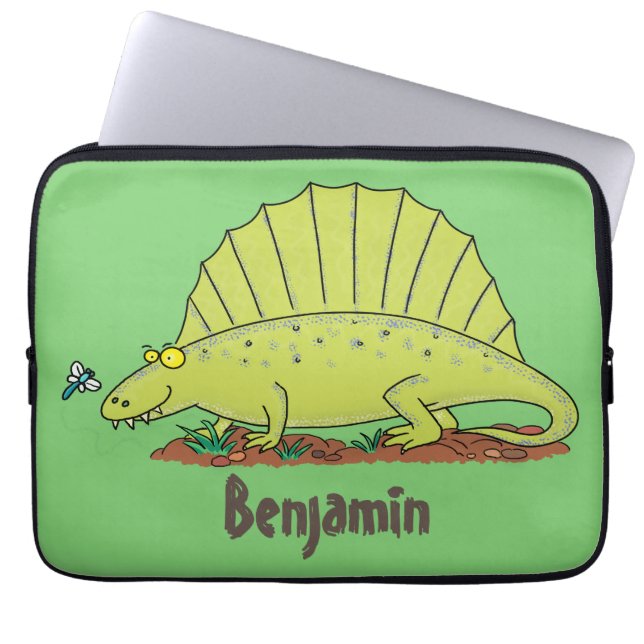 Cute green dimetrodon cartoon illustration laptop sleeve (Voorkant)