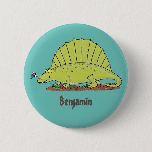 Cute green dimetrodon cartoon illustration ronde button 5,7 cm (Voorkant)