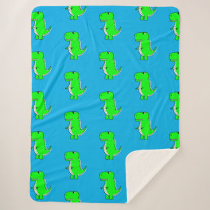 Cute Green Dino T-Rex op Blue Sherpa Deken