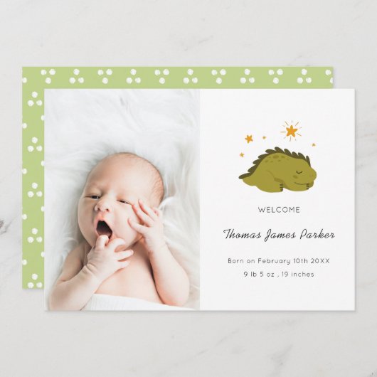 Cute Green Dinosaur Baby Foto Birth Aankondiging (Voorkant / Achterkant)