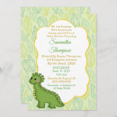 Cute Green Dinosaur Baby shower Invitation Kaart (Voorkant / Achterkant)