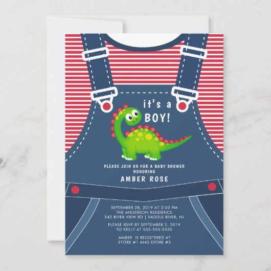 Cute Green Dinosaur Baby shower Invitation Kaart (Voorkant)
