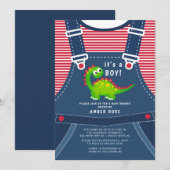 Cute Green Dinosaur Baby shower Invitation Kaart (Voorkant / Achterkant)
