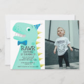 Cute Green Dinosaur Birthday Party Custom Photo Kaart (Voorkant)