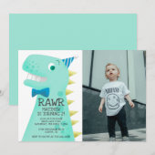 Cute Green Dinosaur Birthday Party Custom Photo Kaart (Voorkant / Achterkant)