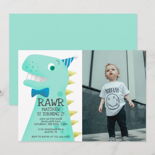 Cute Green Dinosaur Birthday Party Custom Photo Kaart (Voorkant / Achterkant)