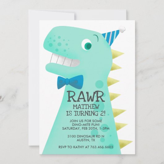 Cute Green Dinosaur Birthday Party Kaart (Voorkant)