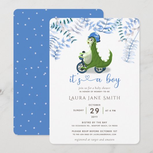 Cute Green Dinosaur Blue Trike Boy Baby shower Kaart (Voorkant / Achterkant)