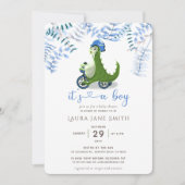 Cute Green Dinosaur Blue Trike Boy Baby shower Kaart (Voorkant)
