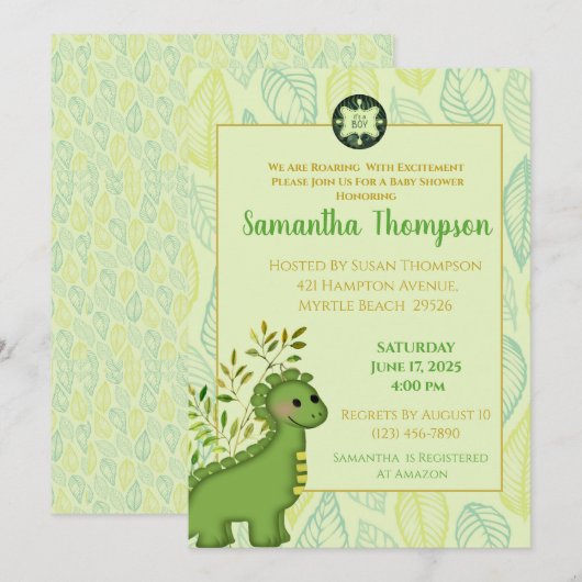 Cute Green Dinosaur Boy Baby shower Invitation Kaart (Voorkant / Achterkant)