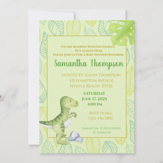 Cute Green Dinosaur Boy Baby shower Invitation Kaart (Voorkant)