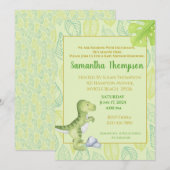 Cute Green Dinosaur Boy Baby shower Invitation Kaart (Voorkant / Achterkant)