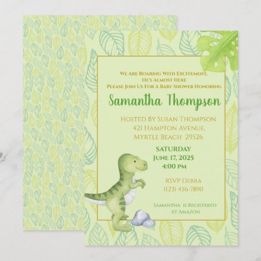 Cute Green Dinosaur Boy Baby shower Invitation Kaart (Voorkant / Achterkant)