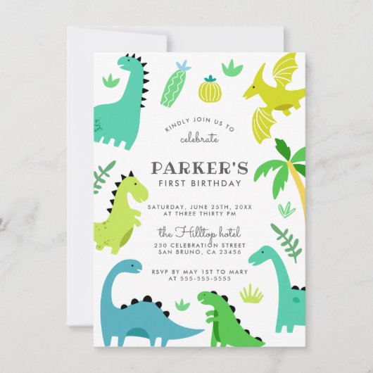 Cute Green Dinosaur Boy Birthday Party Kaart (Voorkant)
