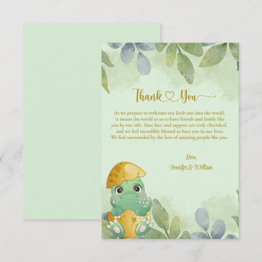Cute Green Dinosaur Boys Baby shower Bedankkaart (Voorkant / Achterkant)