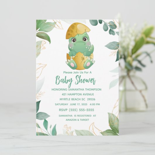 Cute Green Dinosaur Boys Baby shower Invitation Kaart (Staand voorkant)