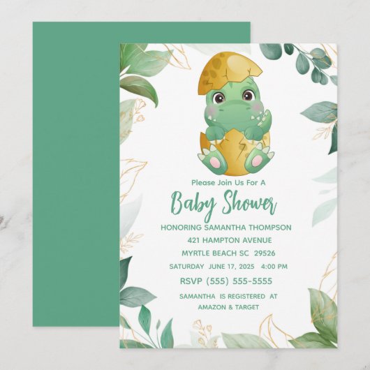 Cute Green Dinosaur Boys Baby shower Invitation Kaart (Voorkant / Achterkant)