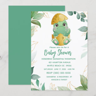 Cute Green Dinosaur Boys Baby shower Invitation Kaart