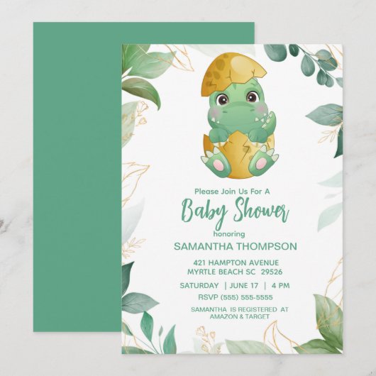 Cute Green Dinosaur Boys Baby shower Invitation Kaart (Voorkant / Achterkant)