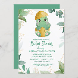 Cute Green Dinosaur Boys Baby shower Invitation Kaart