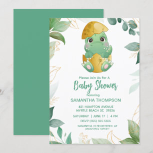 Cute Green Dinosaur Boys Baby shower Invitation Kaart