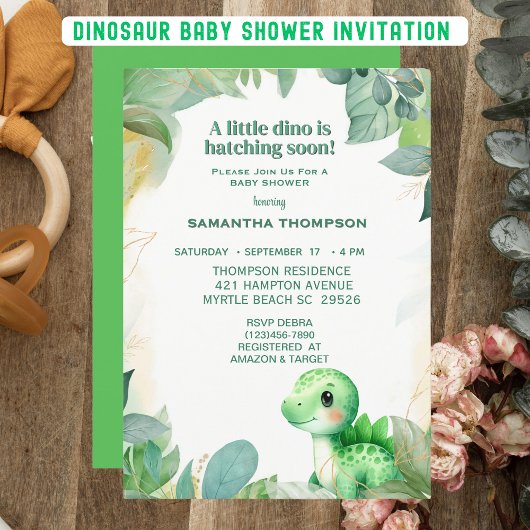 Cute Green Dinosaur Boys Baby shower Invitation Kaart