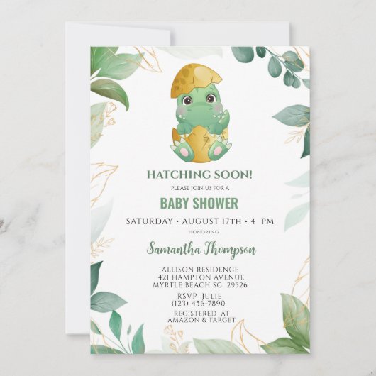 Cute Green Dinosaur Boys Baby shower Invitation Kaart (Voorkant)